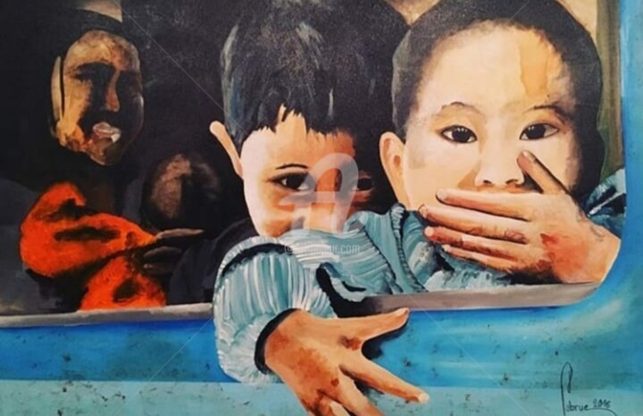 Pintura intitulada "LES ENFANTS DU TRAIN" por Jean-Christophe Labrue, Obras de arte originais, Acrílico