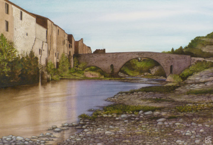 Painting titled "Lagrasse-Le Pont-Vi…" by Jean-Christophe Latger, Original Artwork, Watercolor