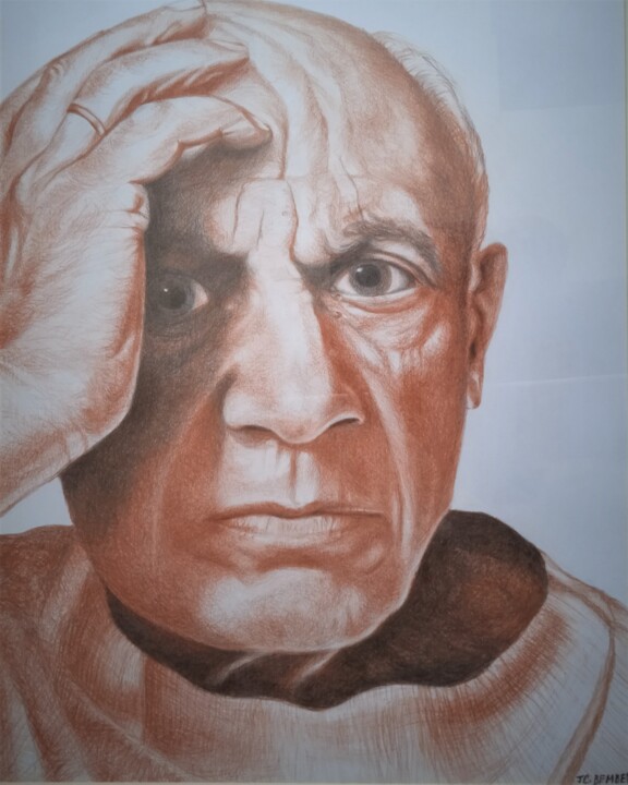 Drawing titled "Pablo Picasso" by Jean-Claude Bemben, Original Artwork, Conté Mounted on Wood Panel