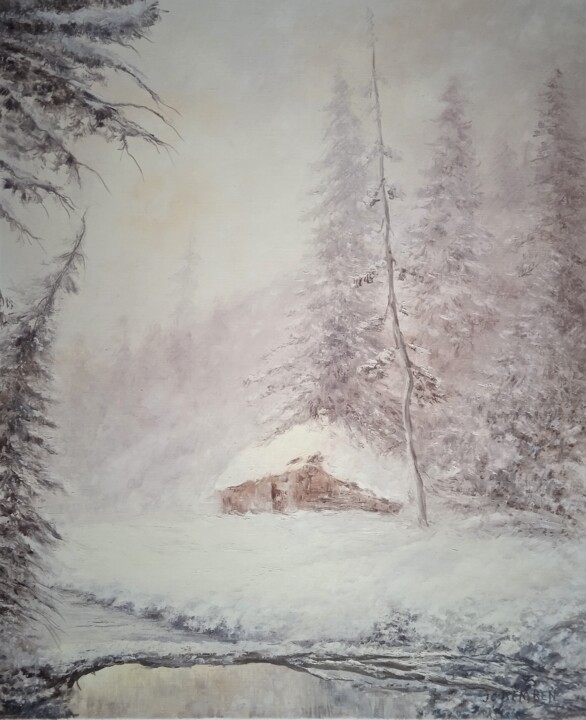 Pintura titulada "le refuge en hiver" por Jean-Claude Bemben, Obra de arte original, Oleo Montado en Bastidor de camilla de…