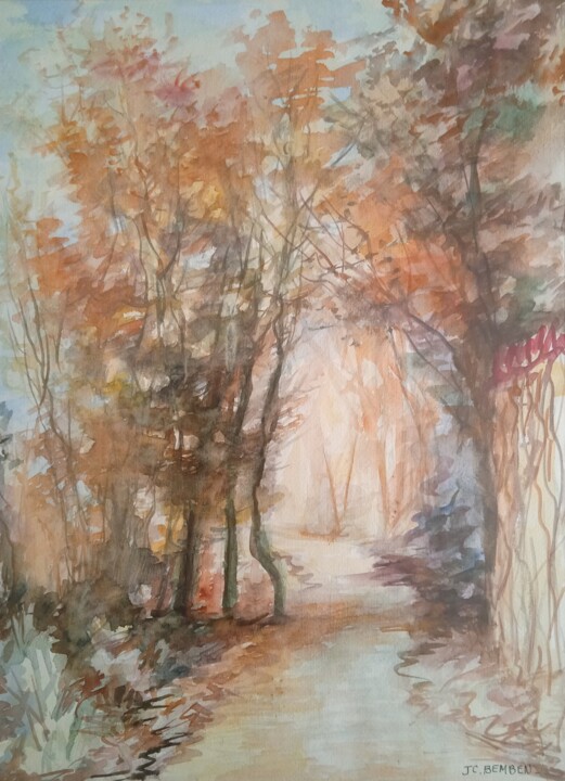 Desenho intitulada "Chemin forestier mo…" por Jean-Claude Bemben, Obras de arte originais, Aquarela