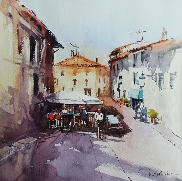 Painting titled "Tavarnelle Italie" by Jean-Claude Coustilieres, Original Artwork, Watercolor