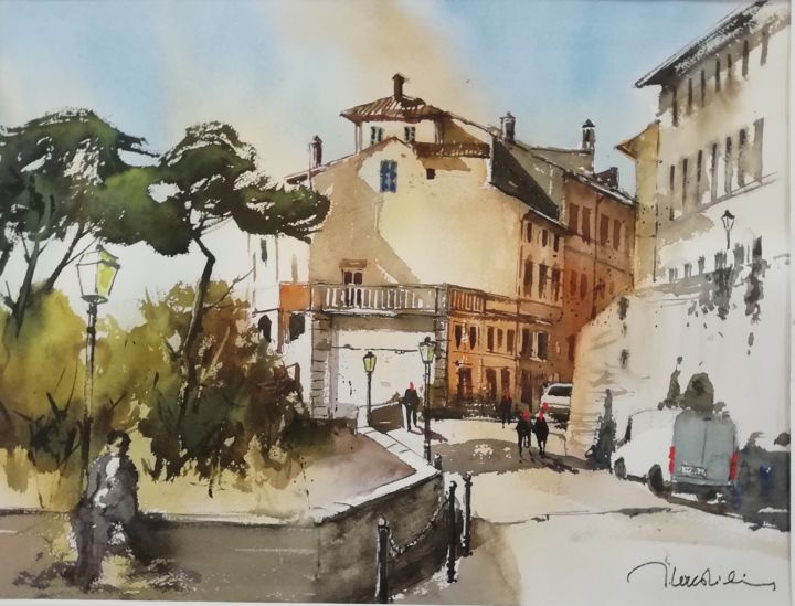 Painting titled "village de Cortonna…" by Jean-Claude Coustilieres, Original Artwork, Watercolor Mounted on Wood Stretcher f…