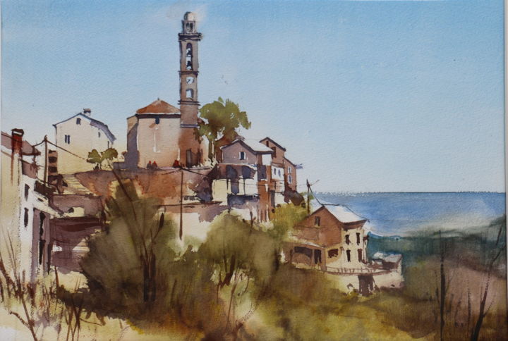 Peinture intitulée "Village Corse" par Jean-Claude Coustilieres, Œuvre d'art originale, Aquarelle Monté sur artwork_cat.