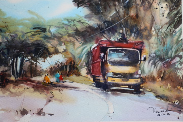 Peinture intitulée "le-camion-jaune-bre…" par Jean-Claude Coustilieres, Œuvre d'art originale