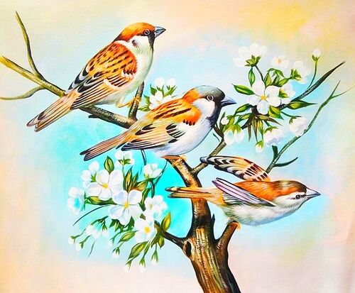 Painting titled "Birds on Spring Tree" by Jean Claude Kabongo, Original Artwork, Acrylic