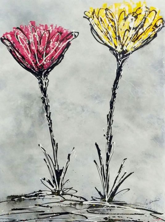 Peinture intitulée "Deux Fleurs" par Jean-Claude Latour, Œuvre d'art originale, Acrylique
