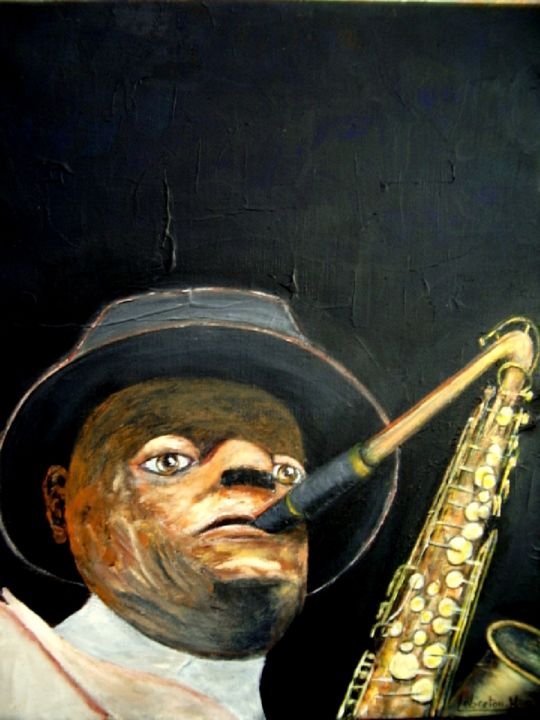 「le joueur de Saxoph…」というタイトルの絵画 Lebreton-Haysによって, オリジナルのアートワーク, オイル