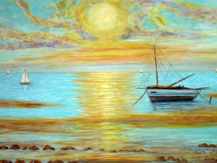 Pittura intitolato "coucher de soleil" da Lebreton-Hays, Opera d'arte originale, Olio