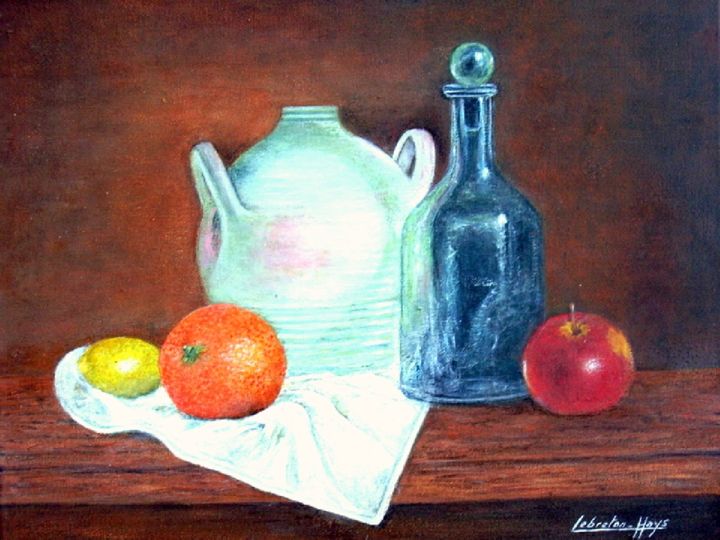 Peinture intitulée "fruits bouteille et…" par Lebreton-Hays, Œuvre d'art originale, Huile