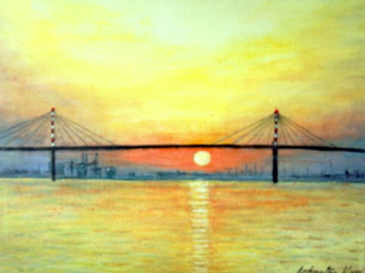 Painting titled "Coucher de soleil s…" by Lebreton-Hays, Original Artwork, Oil