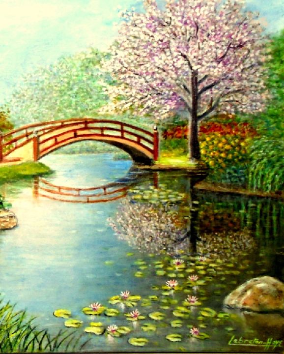 Картина под названием "le jardin japonais…" - Lebreton-Hays, Подлинное произведение искусства, Акрил