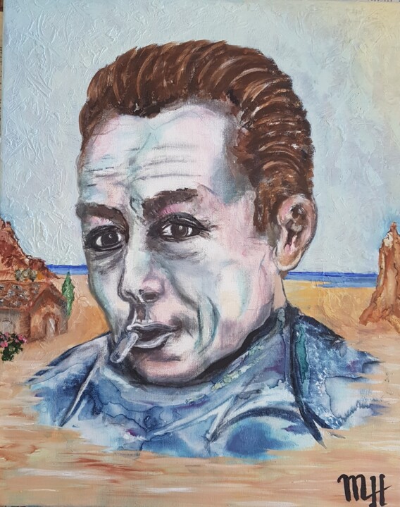 Schilderij getiteld "Camus" door Jean Claude Michel, Origineel Kunstwerk, Olie Gemonteerd op Frame voor houten brancard