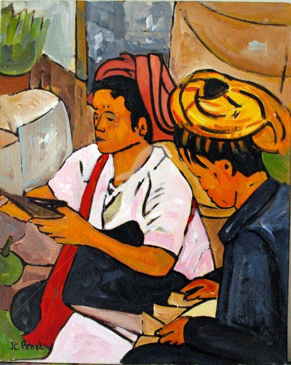 Painting titled "Birmanie- deux femm…" by Jean-Claude Penet, Original Artwork, Acrylic Mounted on Wood Stretcher frame