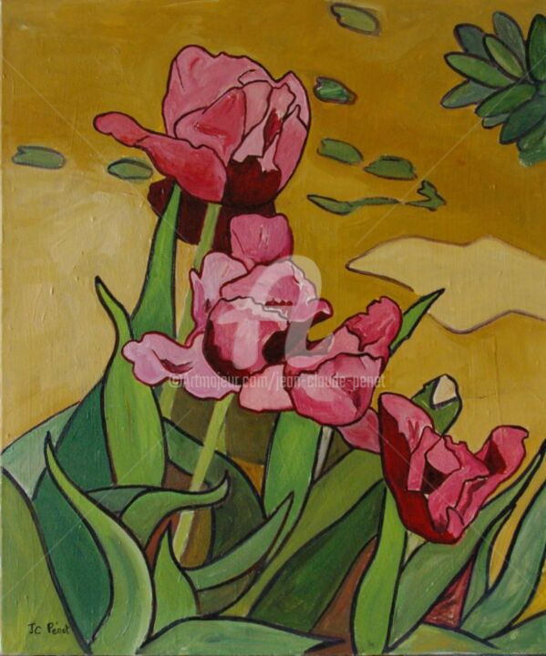 Painting titled "Trois tulipes roses…" by Jean-Claude Penet, Original Artwork, Acrylic