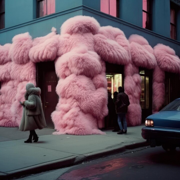 Grote roze knuffeldieren vallen de gebouwen van onze steden binnen