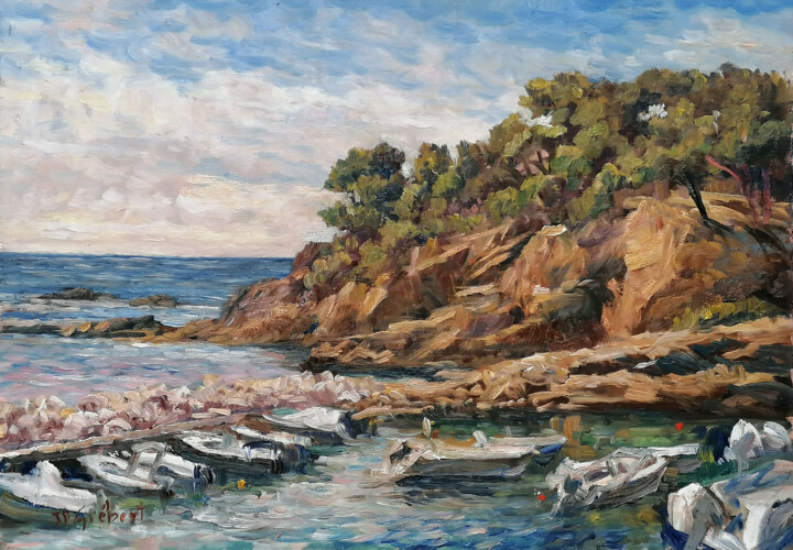 Painting titled "Calanque de Méjean" by Jean-François Grébert, Original Artwork, Oil