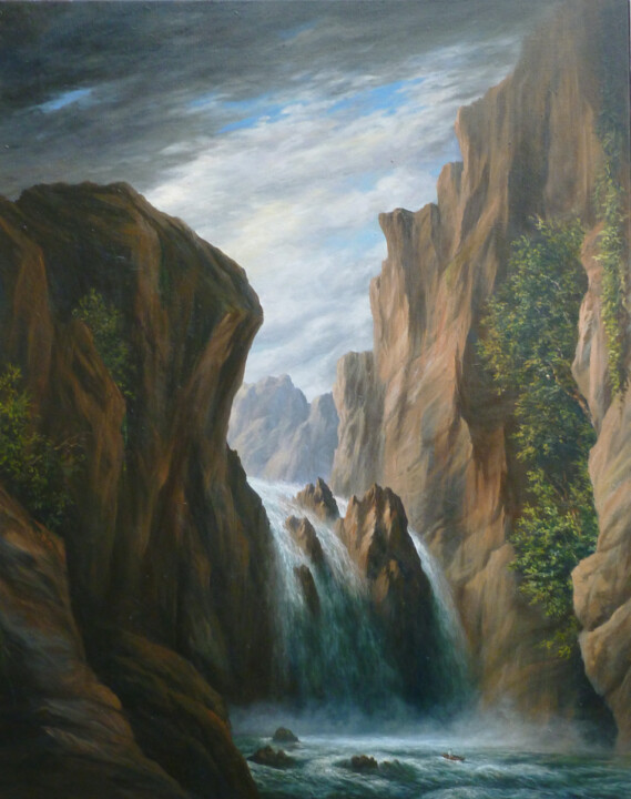 Painting titled "La chute d'eau" by Jean-François Grébert, Original Artwork, Oil