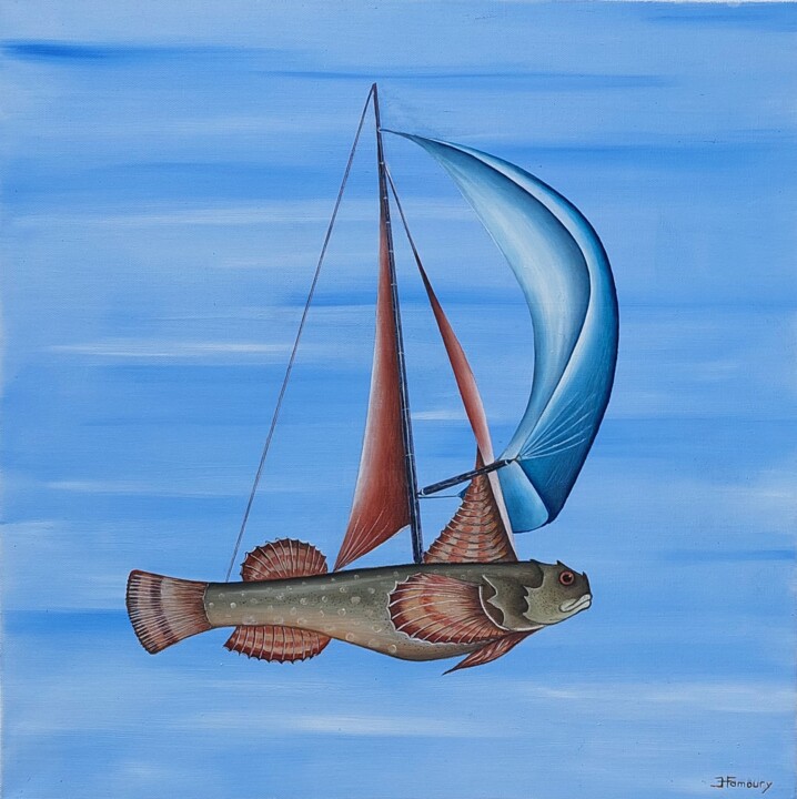 Painting titled "TOUTES VOILES DEHORS" by Jean-François Hamoury, Original Artwork, Oil Mounted on Wood Stretcher frame