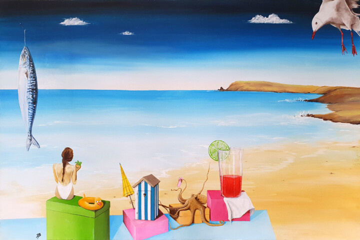 Painting titled "Un été à la plage" by Jean-François Rousselot, Original Artwork, Oil Mounted on Wood Stretcher frame