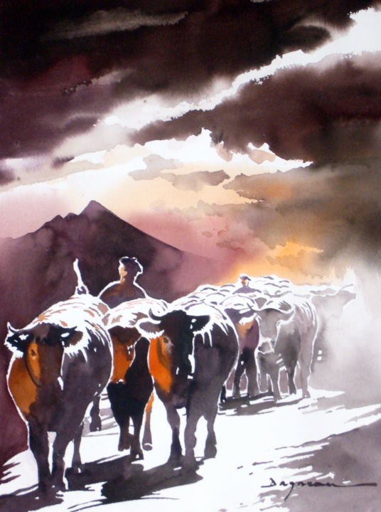 Pintura intitulada "transhumance-005.jpg" por Jean Guy Dagneau, Obras de arte originais, Aquarela