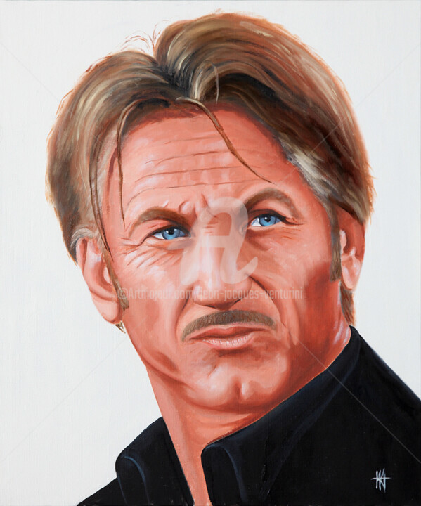 Painting titled "Sean Penn" by Jean-Jacques Venturini, Original Artwork, Oil Mounted on Wood Stretcher frame