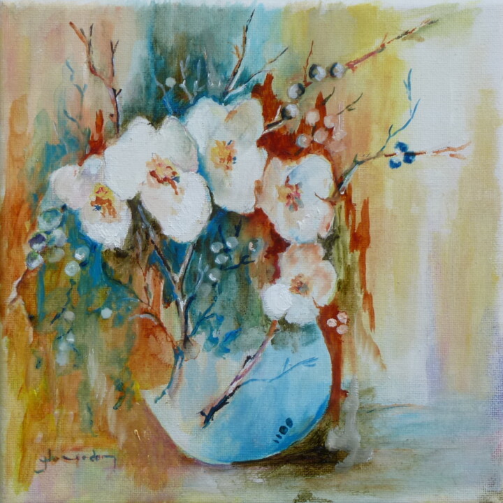 Painting titled "-fleurs blanches" by Jean Jourdan, Original Artwork, Oil Mounted on Wood Stretcher frame