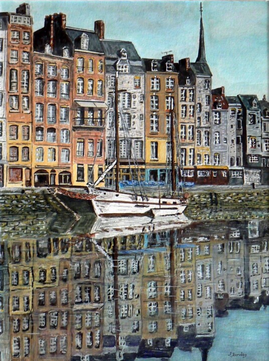 「Honfleur」というタイトルの絵画 Jean Jourdanによって, オリジナルのアートワーク, グワッシュ水彩画