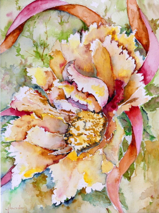Pintura intitulada "la fleur et le ruban" por Jean Jourdan, Obras de arte originais, Aquarela