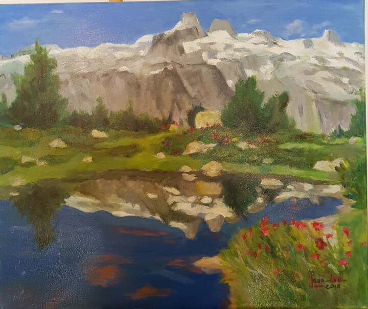 Malerei mit dem Titel "Montagnes-Lac" von Jean-Lou, Original-Kunstwerk, Öl