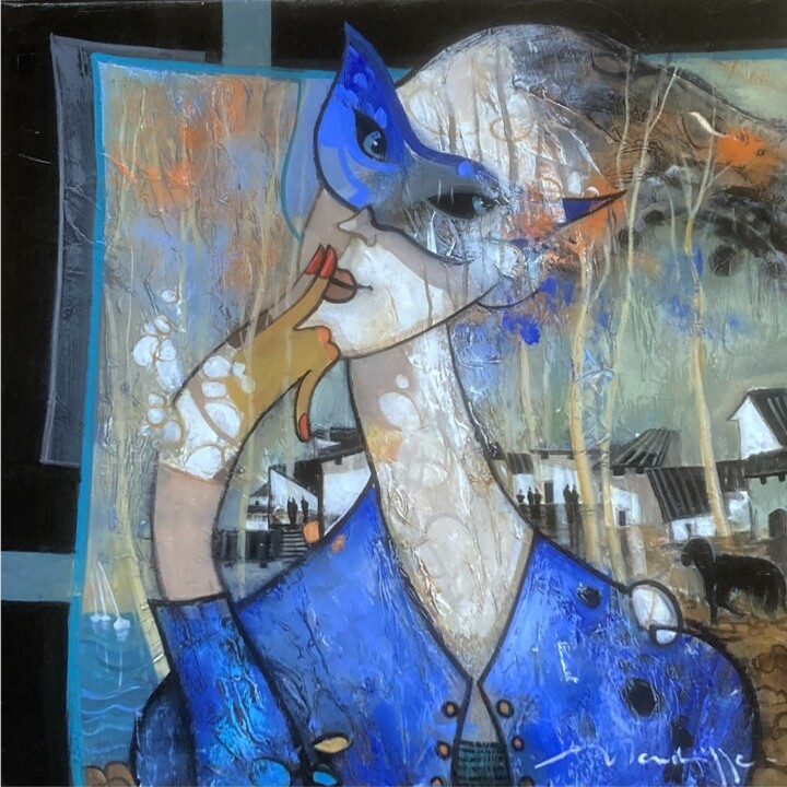 Painting titled "bal masqué au villa…" by Jean Louis Mendrisse, Original Artwork, Oil Mounted on Wood Stretcher frame