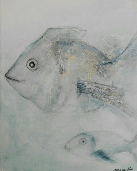 Painting titled "2 poissons s'aimaie…" by Jean Louis Renaudin, Original Artwork, Acrylic