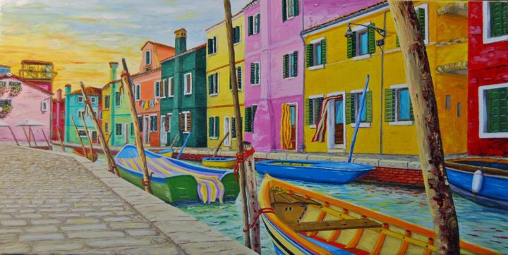 Painting titled "venise-burano-et-se…" by Jean-Luc Bénac, Original Artwork, Oil