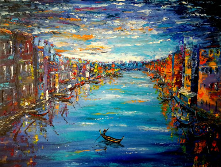 Painting titled "Venise by night" by Jean-Luc Bénac, Original Artwork, Oil