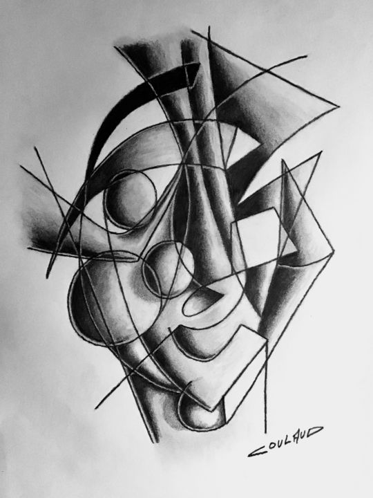 Drawing titled "Portrait mi-cubiste" by Jean-Luc Coulaud, Original Artwork, Pencil