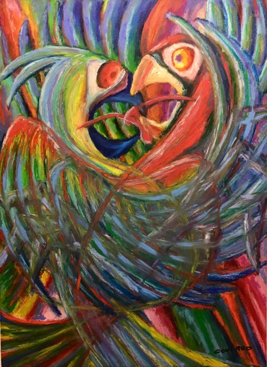 "Combat de perroquets" başlıklı Resim Jean-Luc Coulaud tarafından, Orijinal sanat, Pastel