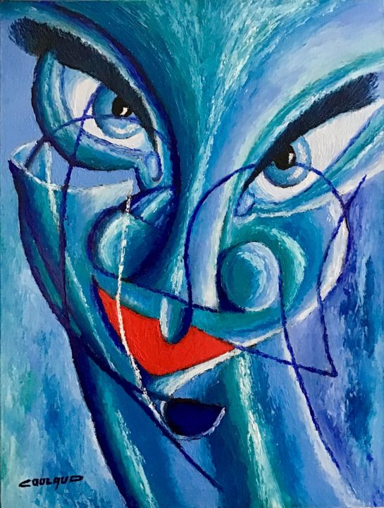 Painting titled "Portrait bleu" by Jean-Luc Coulaud, Original Artwork, Oil