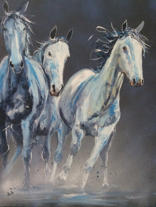 Painting titled "Galop en Camargue" by Jean-Luc Garcia, Original Artwork, Acrylic Mounted on Wood Stretcher frame