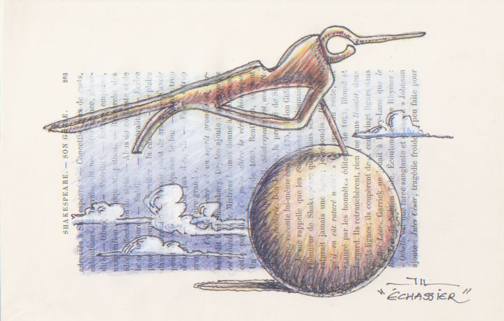 Drawing titled "echassier.jpg" by Jean-Luc Lacroix (JL LACROIX), Original Art, Ink