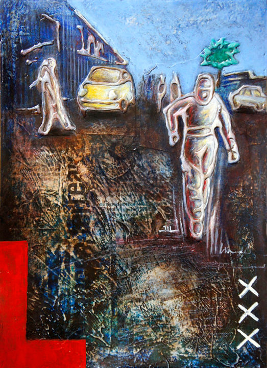 Painting titled "Urban Walker" by Jean-Luc Lacroix (JL LACROIX), Original Artwork, Acrylic Mounted on Other rigid panel