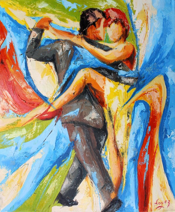 Painting titled "626 Bleu tango" by Jean-Luc Lopez, Original Artwork, Oil Mounted on Wood Stretcher frame