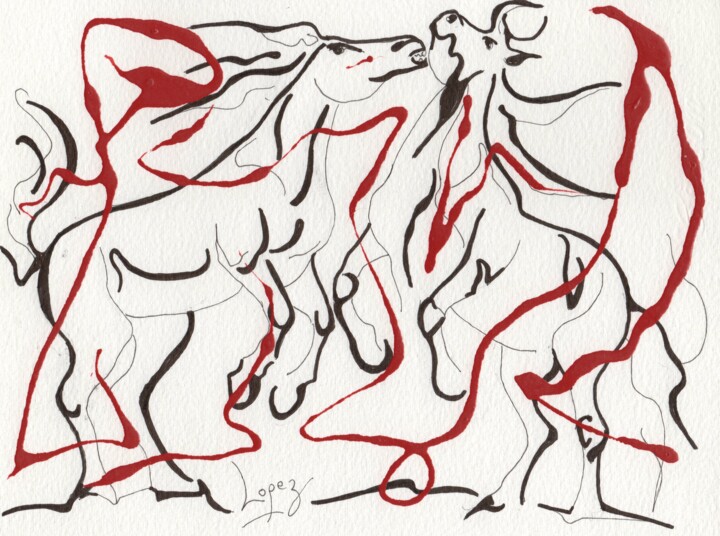 Disegno intitolato "Lignes de chevaux 2" da Jean-Luc Lopez, Opera d'arte originale, Inchiostro