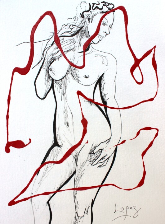 Dessin intitulée "Lignes de corps fém…" par Jean-Luc Lopez, Œuvre d'art originale, Encre