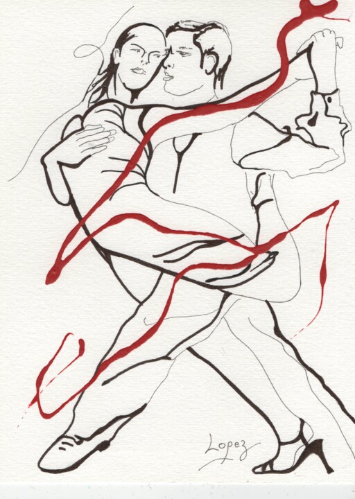 Drawing titled "Lignes de tango 6" by Jean-Luc Lopez, Original Artwork, Ink