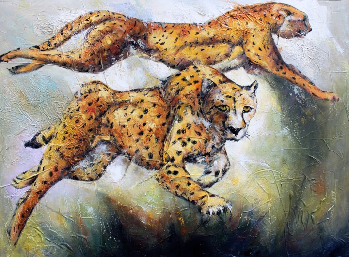 Peinture intitulée "Guépards en chasse" par Jean-Luc Lopez, Œuvre d'art originale, Acrylique Monté sur Châssis en bois