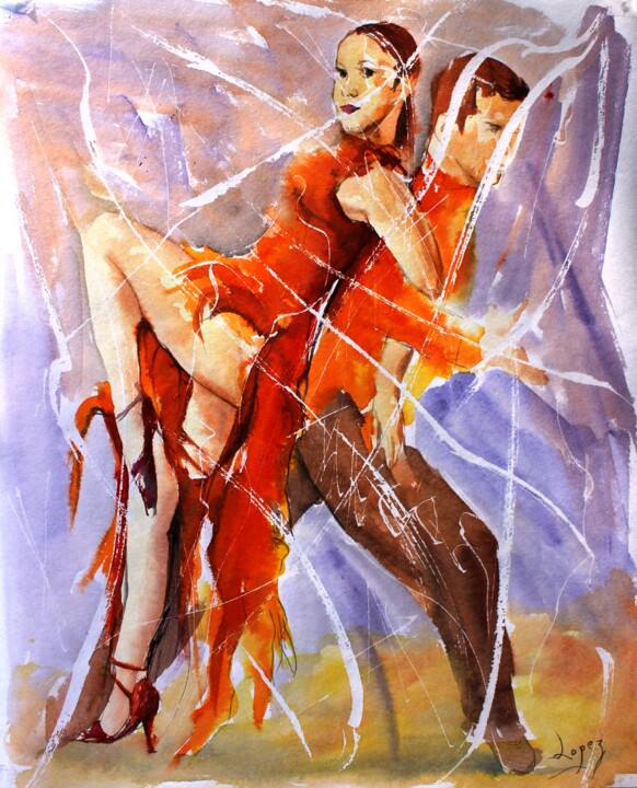 Painting titled "394 Dos de tango" by Jean-Luc Lopez, Original Artwork, Ink