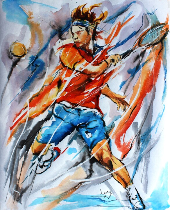 Malerei mit dem Titel "419 L'art du tennis" von Jean-Luc Lopez, Original-Kunstwerk, Tinte