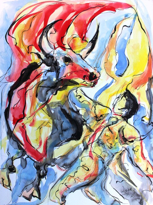 Painting titled "267 Corrida" by Jean-Luc Lopez, Original Artwork, Watercolor