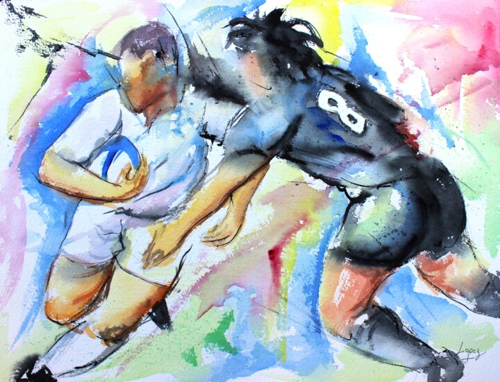 Pintura intitulada "264 Rugby blanc et…" por Jean-Luc Lopez, Obras de arte originais, Aquarela