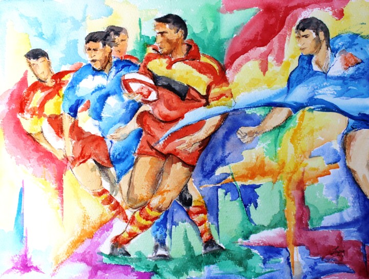 Painting titled "141 Perpignan rugby" by Jean-Luc Lopez, Original Artwork, Watercolor